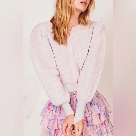 Loveshackfancy Larsen Cardigan Sweater Heart Buttons Size M Pink #FB406 - Picture 1 of 16